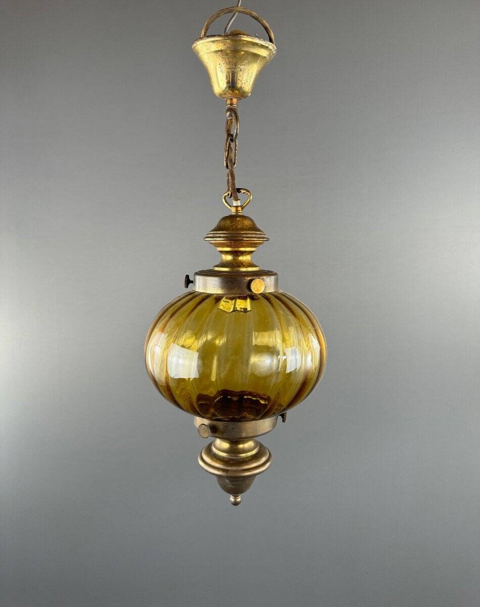 Pair of vintage amber blown glass lantern pendant lights, 20th century