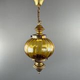 Pair of vintage amber blown glass lantern pendant lights, 20th century