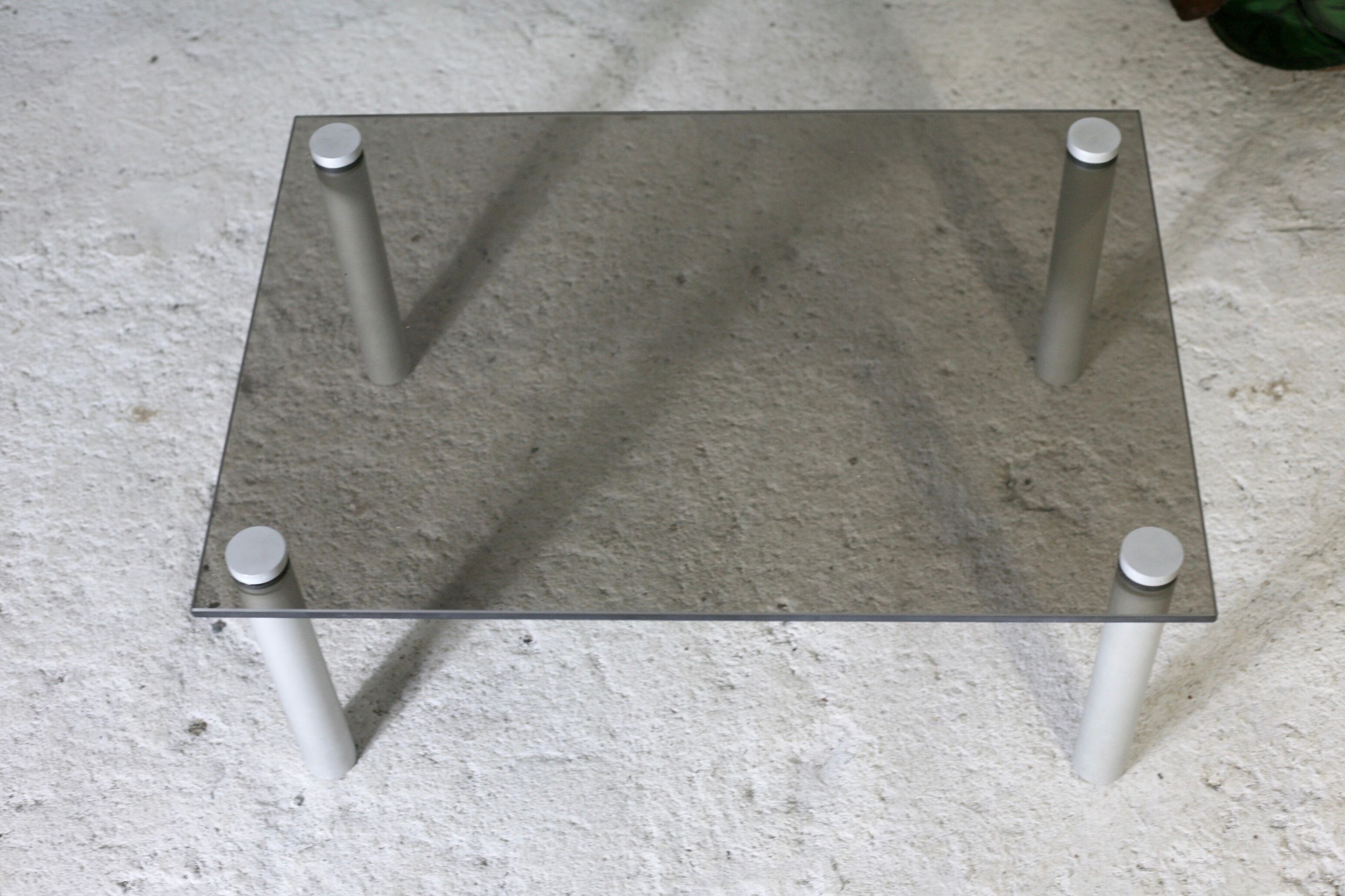 Coffee table cylindrical footings, tray smoked glass, circa 1970