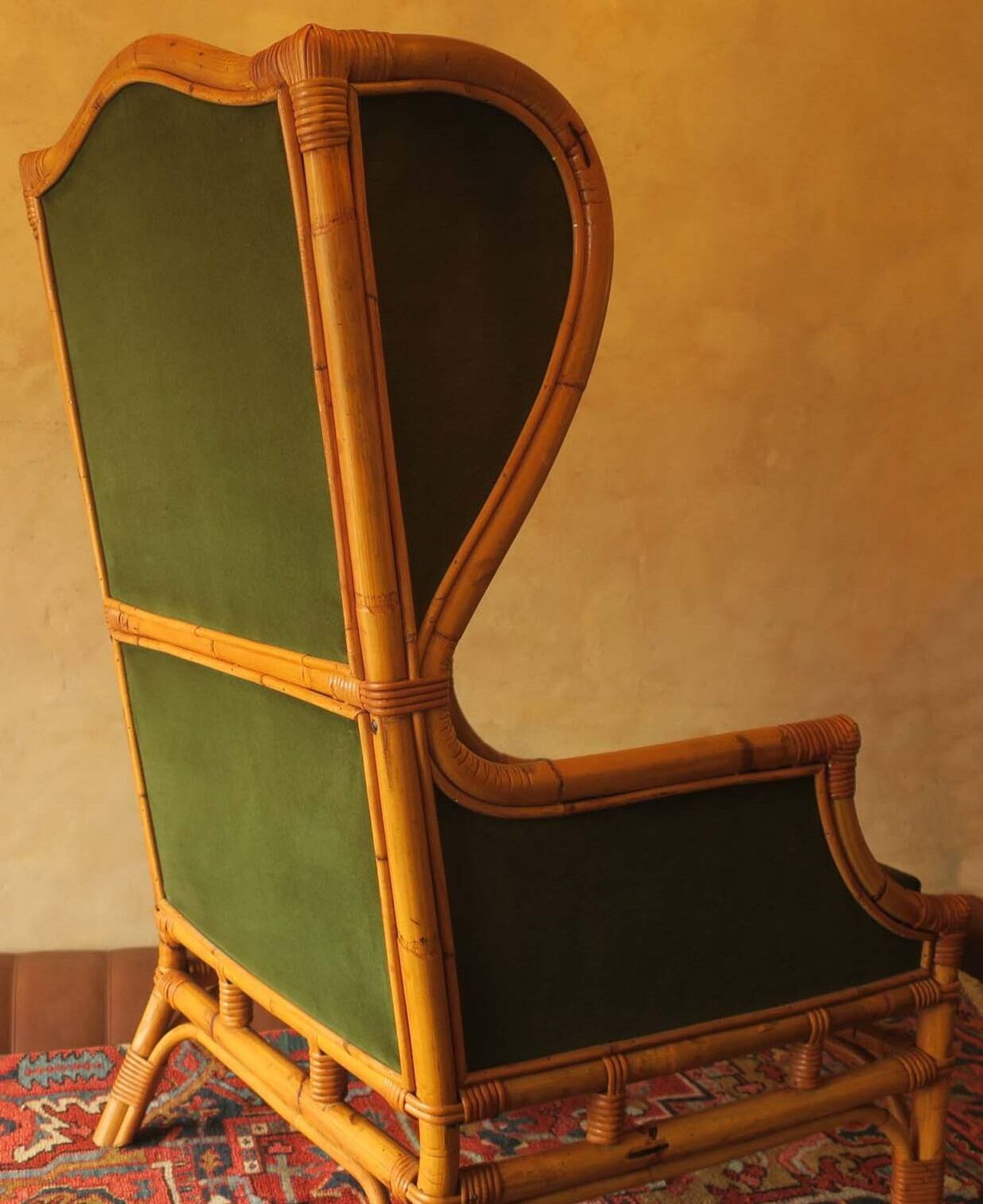 Mid-century wingback chair in bamboo and olive green, 1960s