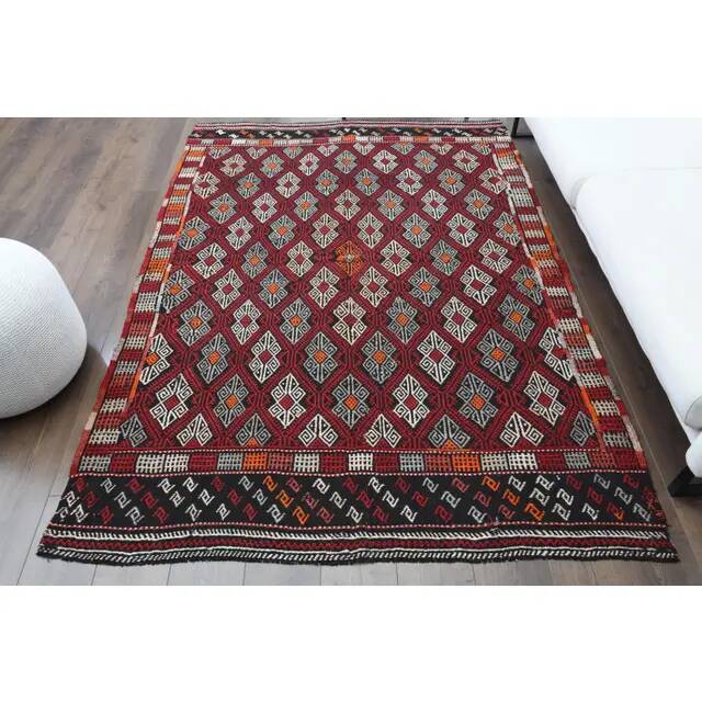 1970s Vintage Turkish Oushak Handmade Wool Cotton Red Area Rug 166x235