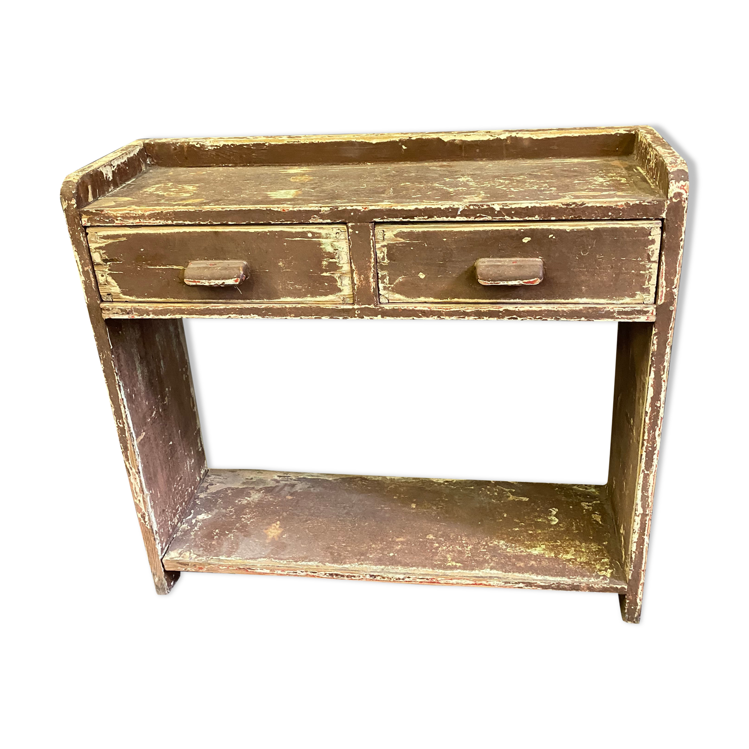 Old wooden brown hall cabinet with 2 drawers