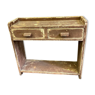 Old wooden brown hall cabinet with 2 drawers