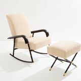 Jacques Adnet Rocking chair and ottoman in leather and mohair velvet 1950