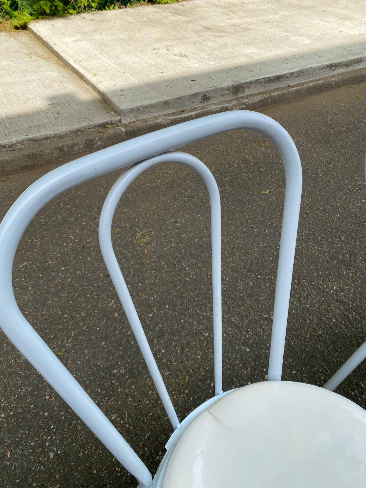 3 white steel and beige leather bistro chairs