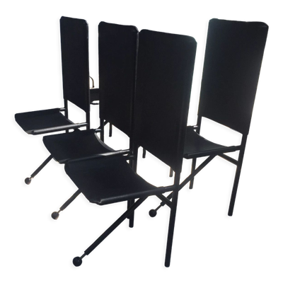 Set de 6 chaises de salle à manger pieds tripode en cuir grainé et métal 1970