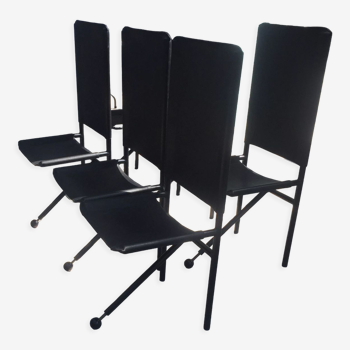 Set of 6 dining room chairs with tripod legs in grained leather and metal 1970