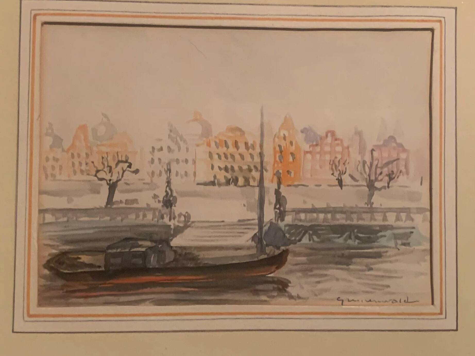 Jean Jacques GRUNENWALD (1911 - 1982) - Watercolor - Barge in Town