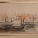Jean Jacques GRUNENWALD (1911 - 1982) - Watercolor - Barge in Town