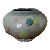 Magnificent pot or vase, handcrafted pottery with flowers, signed on the back.