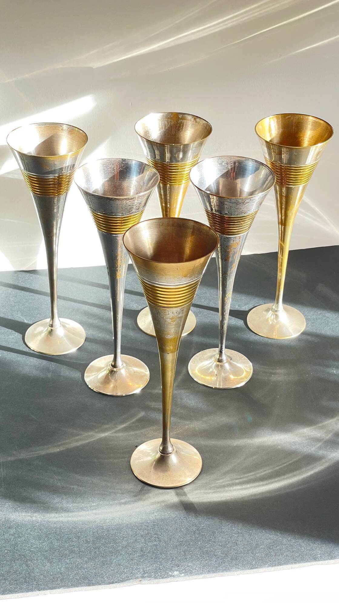 6 Vintage Silver-Plated Brass Champagne Flutes
