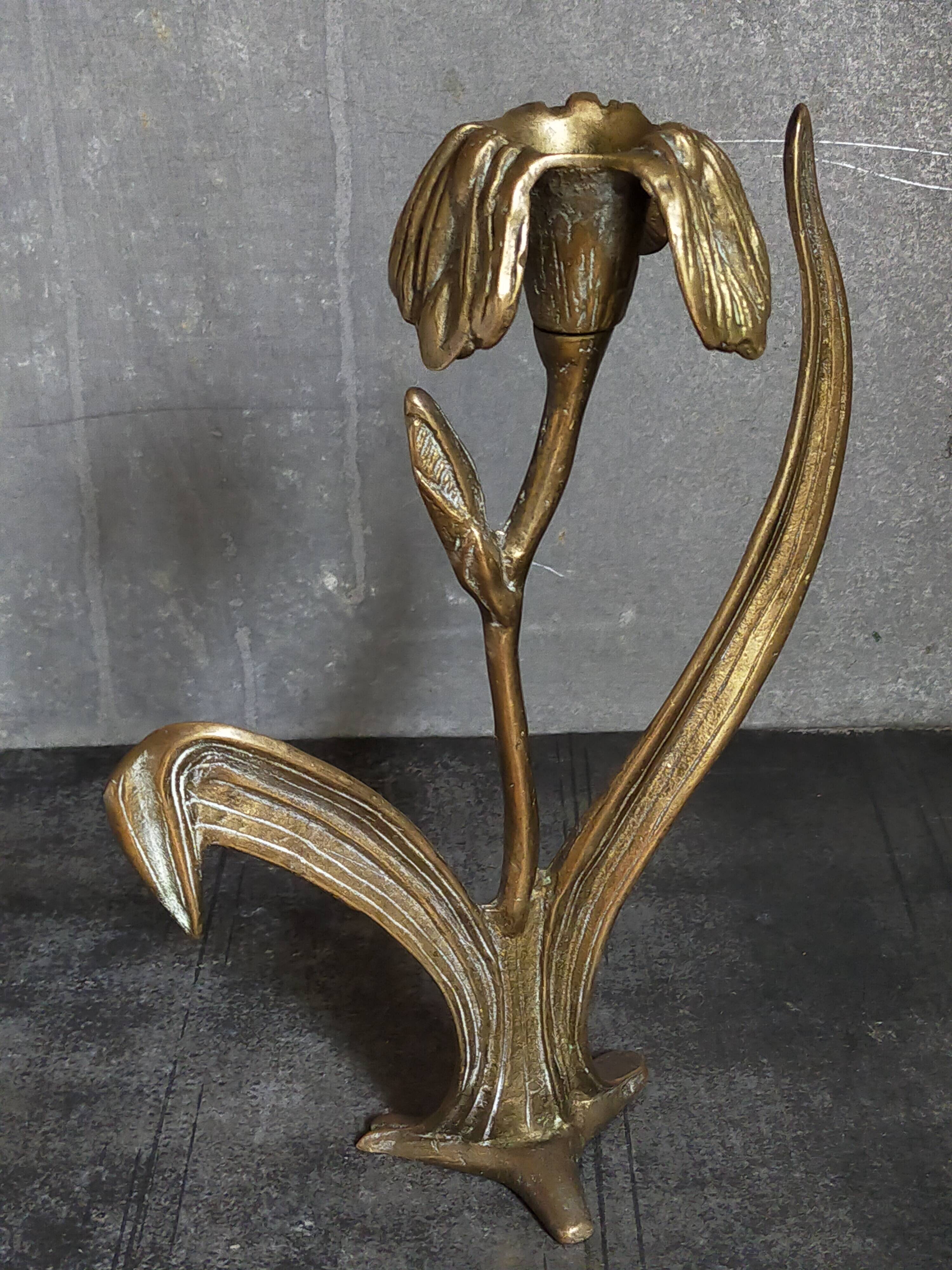 Old iris flower candle holder in solid brass