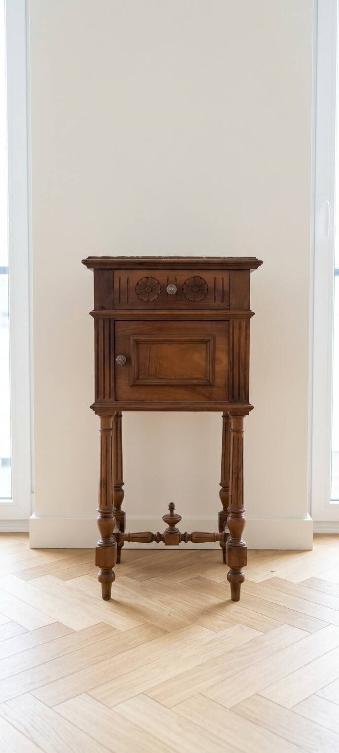 Antique wooden bedside table with a marble top.