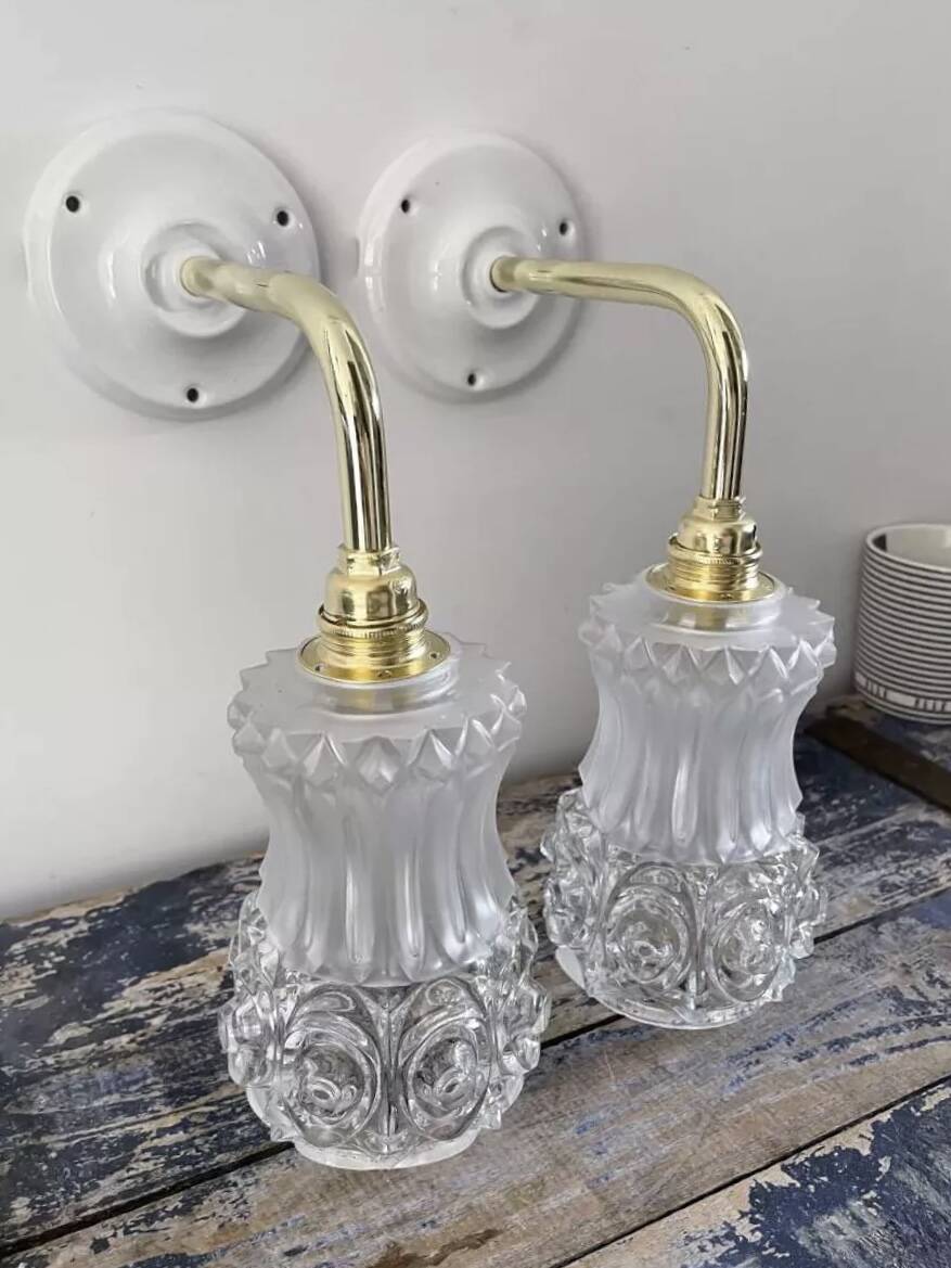 Pair of vintage gold and chiseled glass wall lights