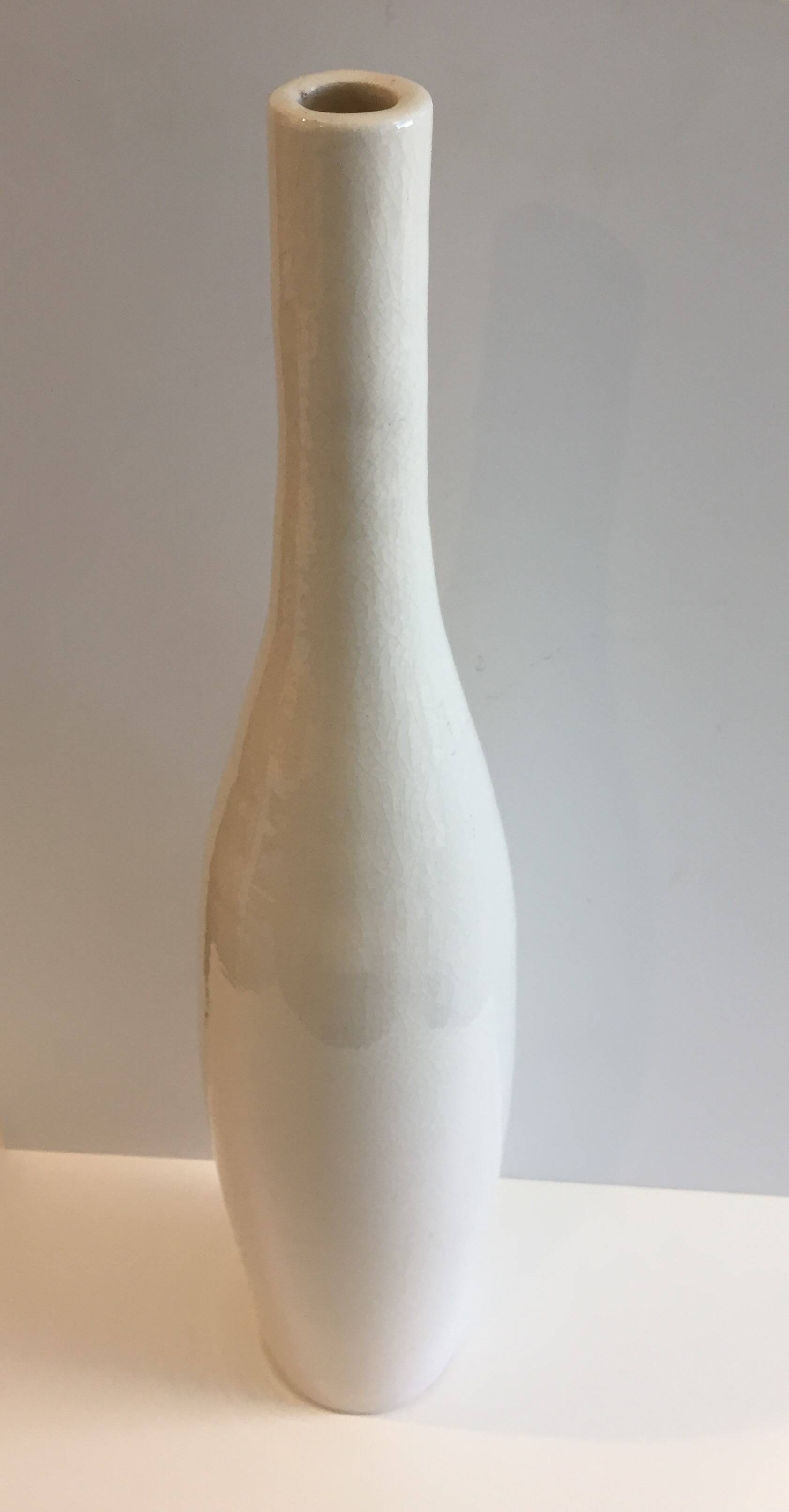 Large Little Girl Vase Long Straight Neck Cylindrical Cracked Glazed Ceramic