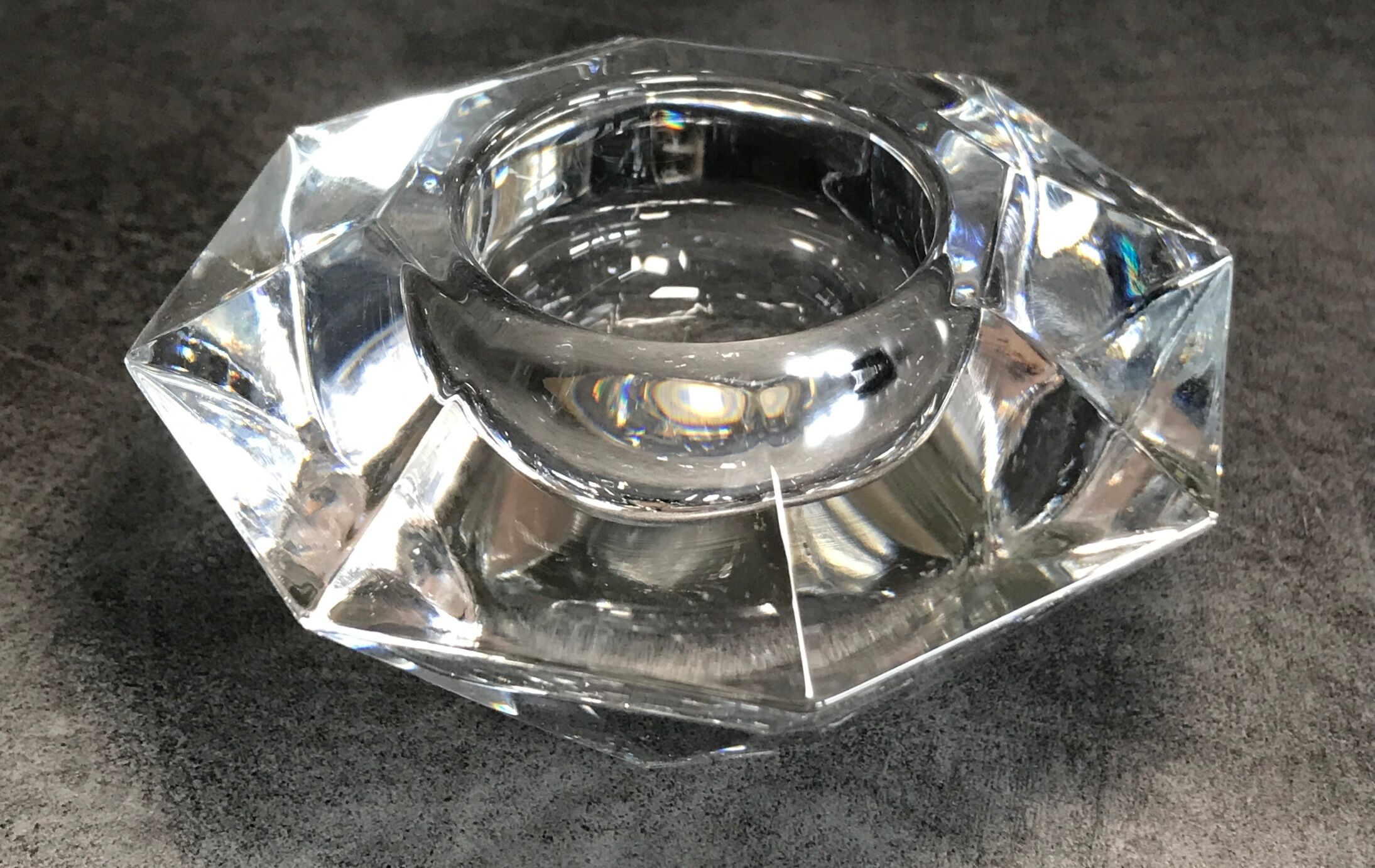 Glass table candle holder or crystal cast faceted diamond shape