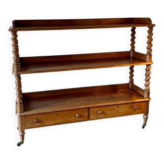 Bibliothèque 3 étagères et 2 tiroirs sur roulettes en bois foncé