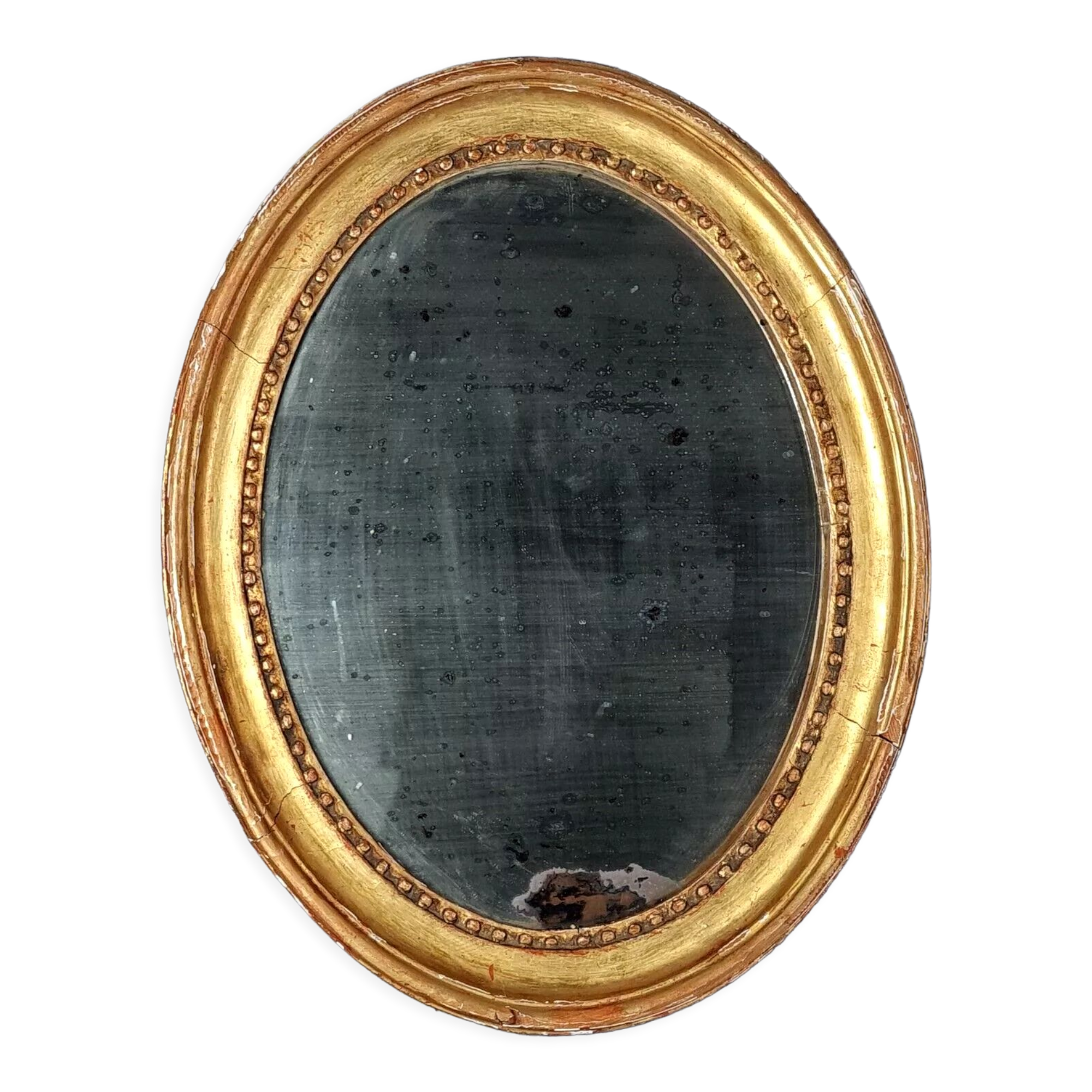 Oval mirror carved wood frame beaded gilded circa 1800 44x35cm SB