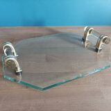 Art deco beveled glass tray with patinated gold handles
