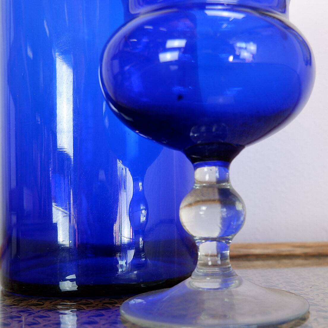 Blue glass carafe and candy box