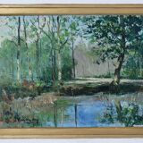 Painting signed van den berg. river landscape. oil painting on wood panel
