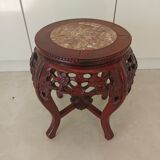 Carved wooden side table, red marble top embedded