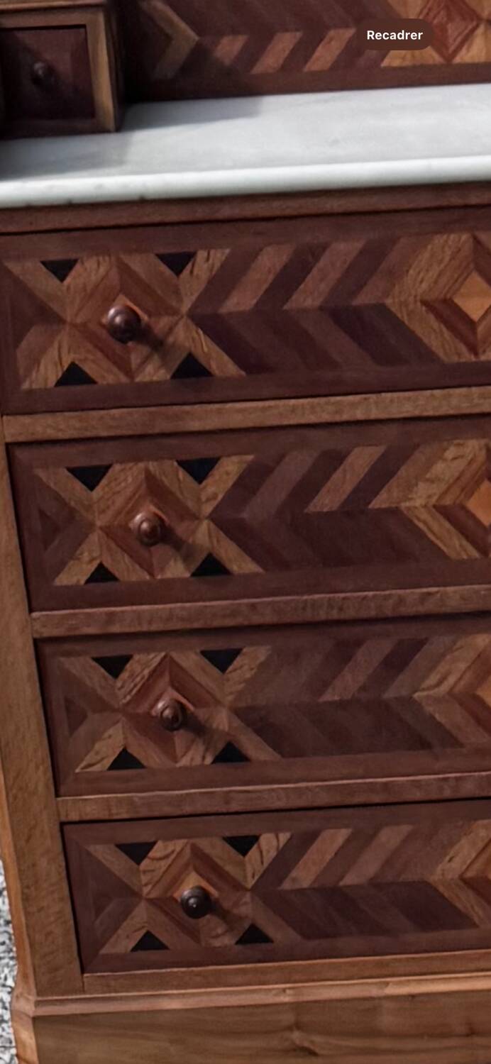 Antique inlaid chest of drawers, marble top