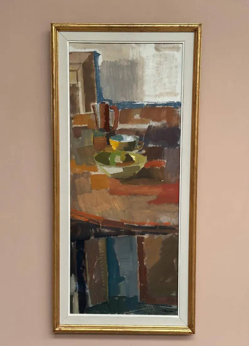 Large Original Swedish Oil on Canvas – “Still Life” by Ingvar Hällgren – Signed – Vintage & Framed – 89 × 42 cm (35" × 16.5")