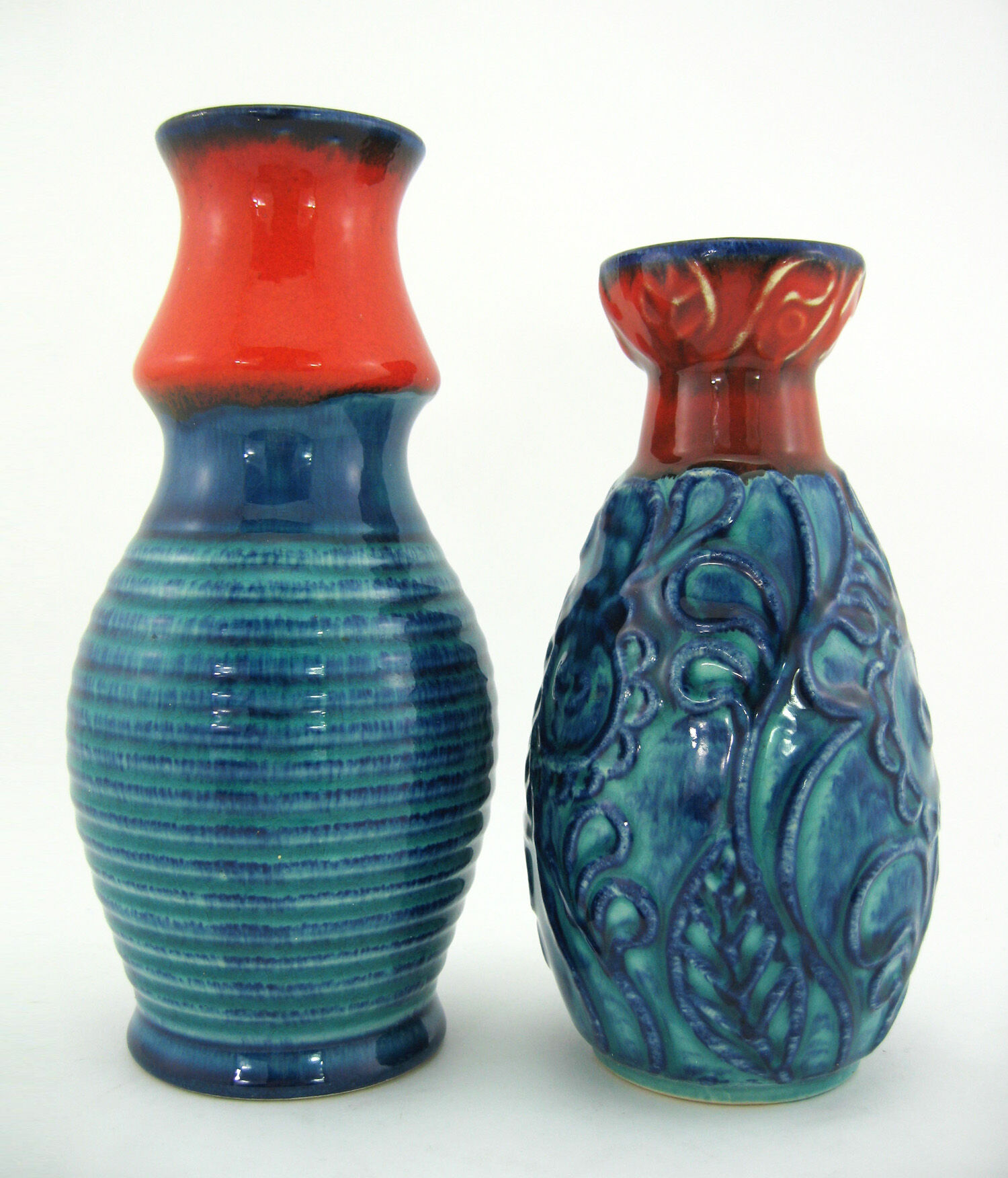 2 red and blue ceramic vases - Bodo Mans Bay Keramik - West Germany Pottery - vintage 60s