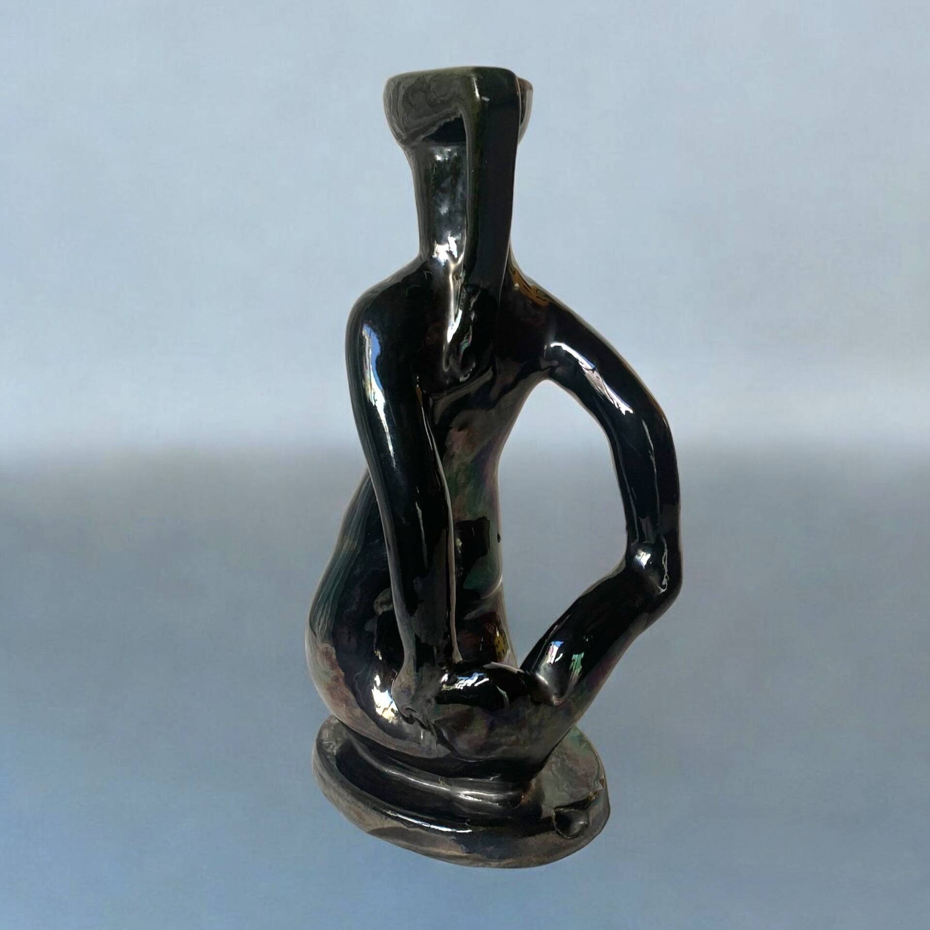 Old Vallauris soliflore vase in pearly black ceramic - female body