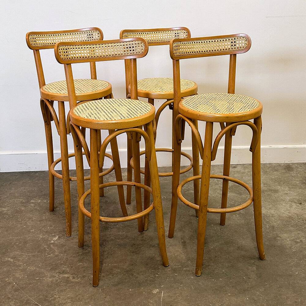 Set of 4 vintage Italian bentwood & cane bar stools, 1970s