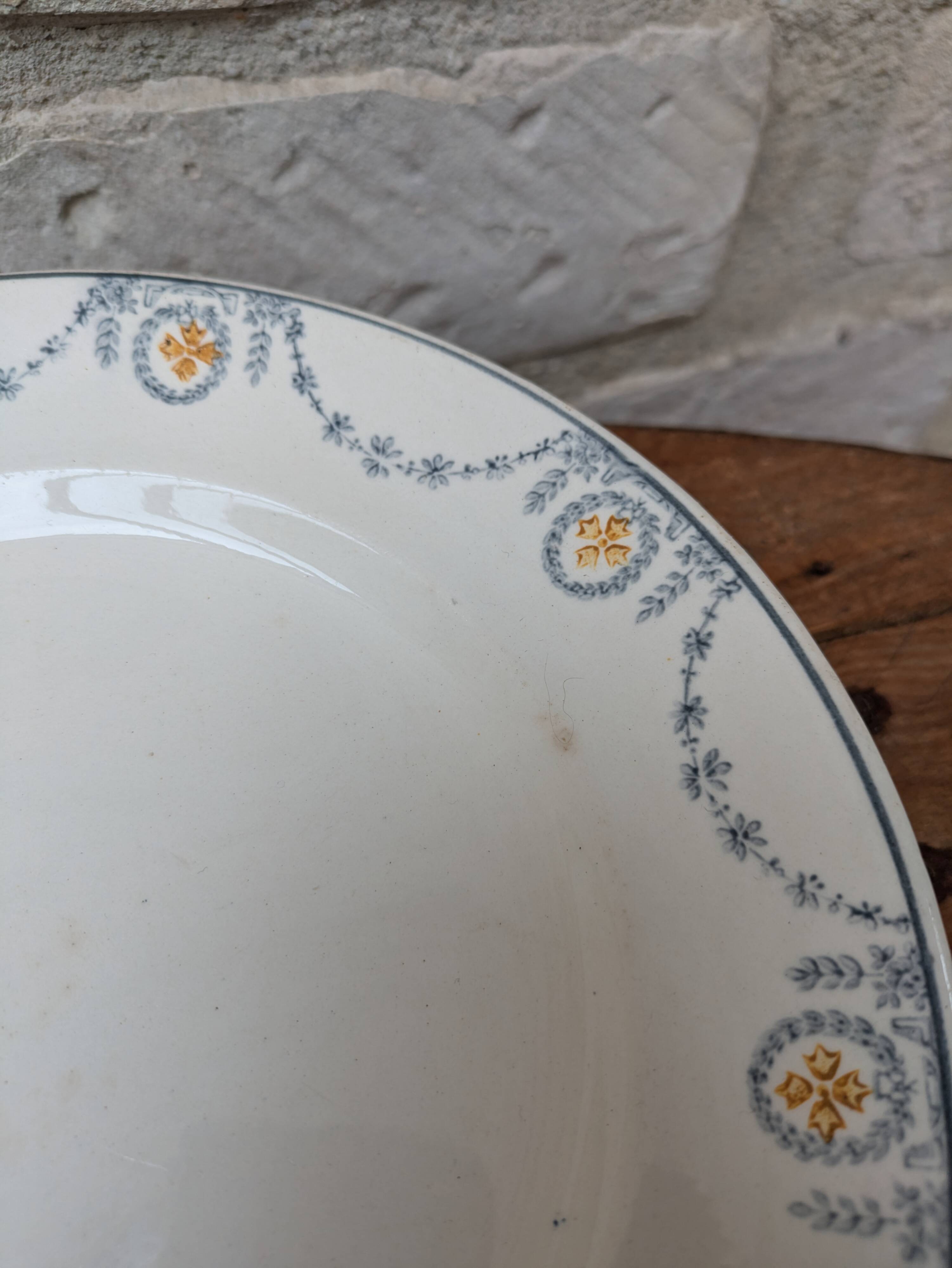 Old plate on pedestal serving dish Longwy Moselle model