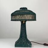 Green Art Deco rattan wicker mushroom "Eiffel" table lamp, 1950s