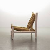 Charlotte Perriand Style Low Seat White Wicker Oak Lounge Chair and Stool