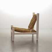 Charlotte Perriand Style Low Seat White Wicker Oak Lounge Chair and Stool