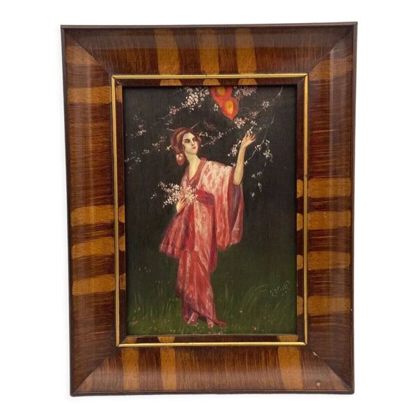 Huile sur panneau par E. Neill Scène de Geisha Début XXe