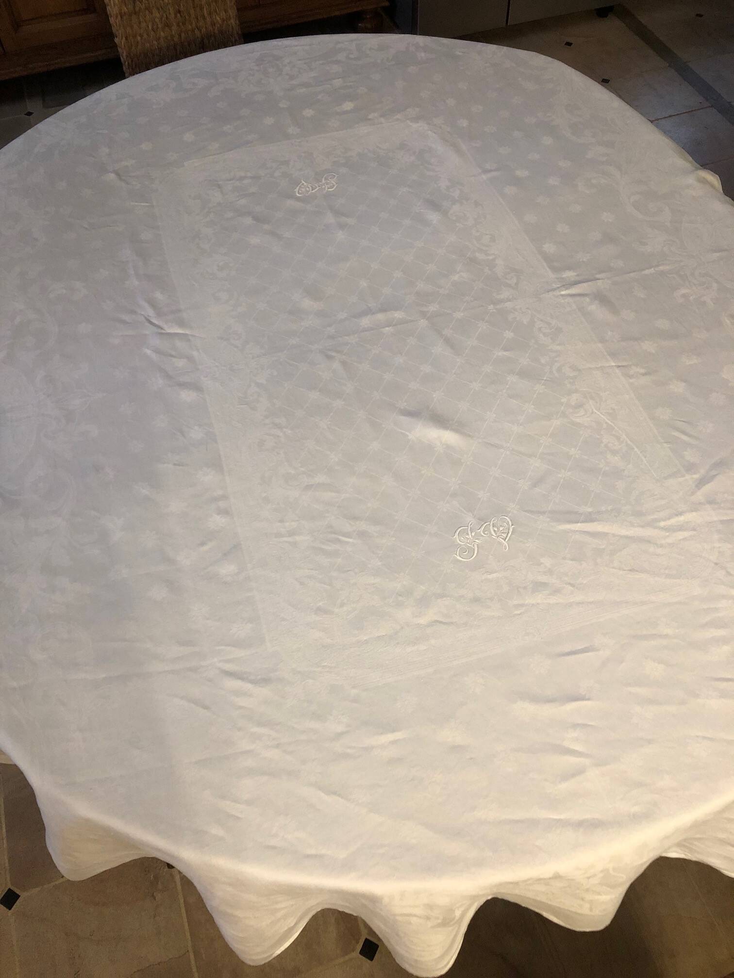 Monogrammed white linen tablecloth
