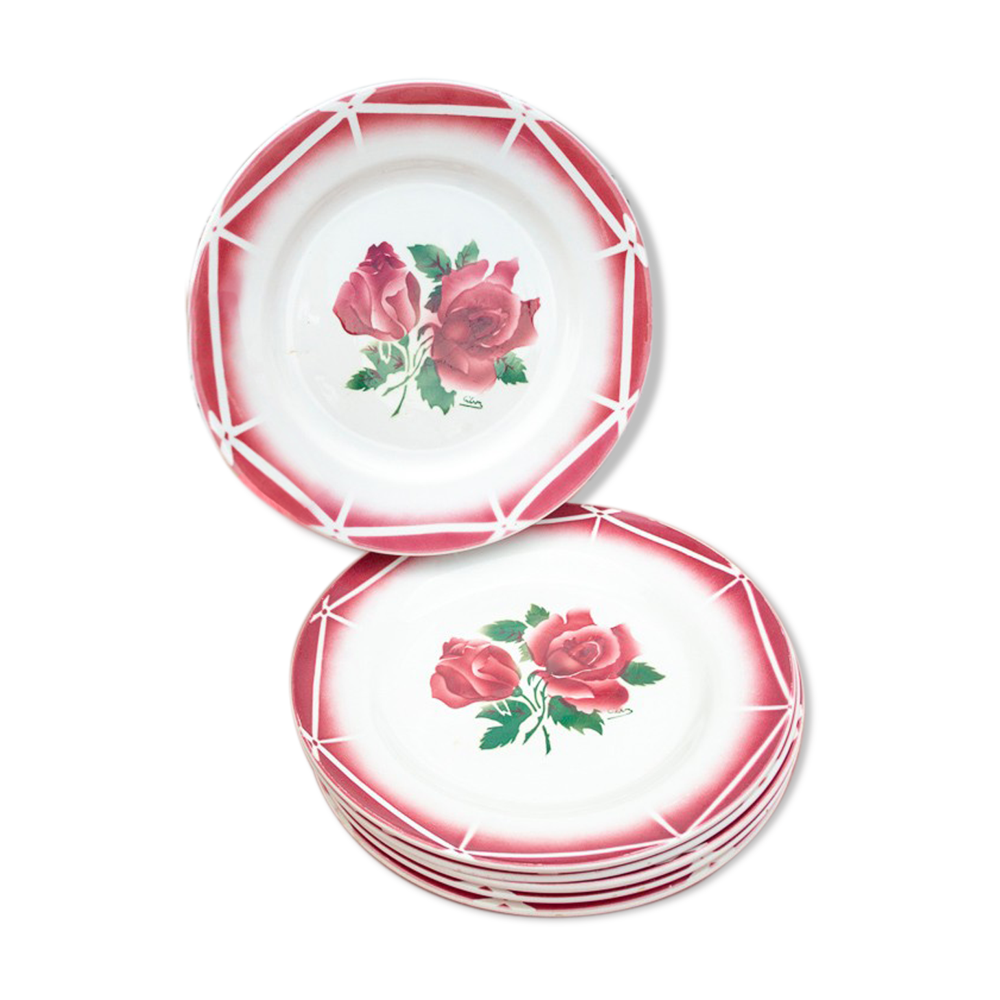 6 plates pink flowers Cibon Digoin sarreguemines