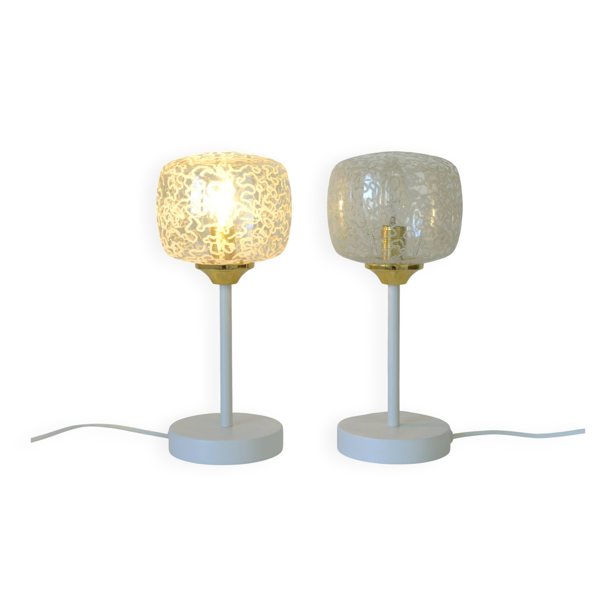 Ensemble de lampes champignon en verre ambré vintage, élégante lampe de chevet blanche