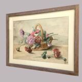 Watercolor painting basket of peonies