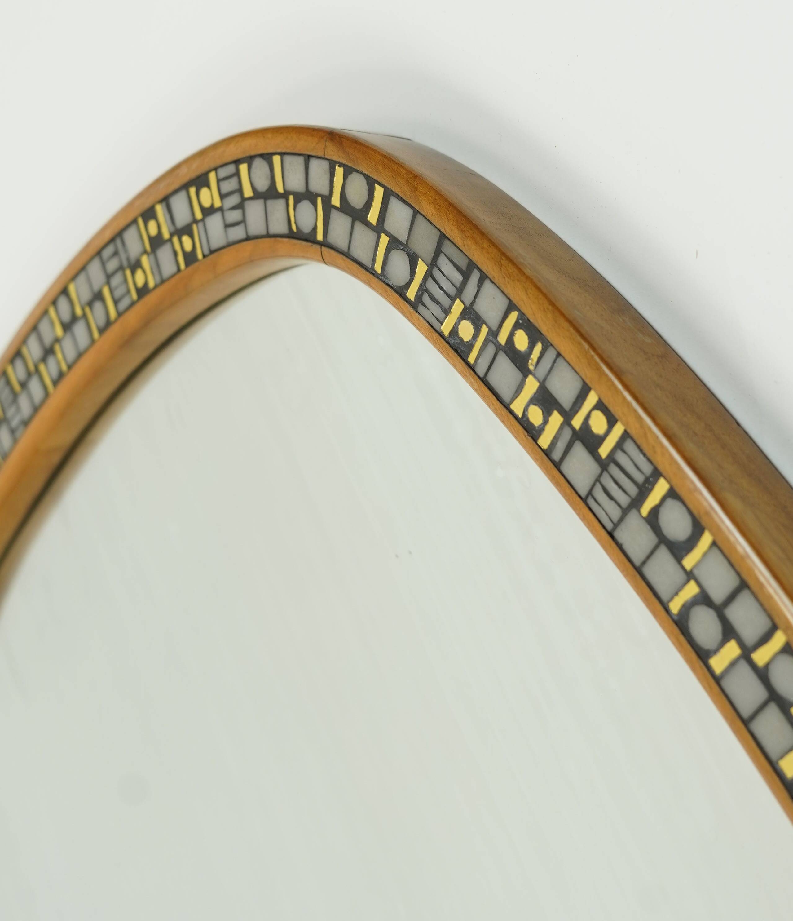 1950s  mirror with mosaic and cherry wood frame