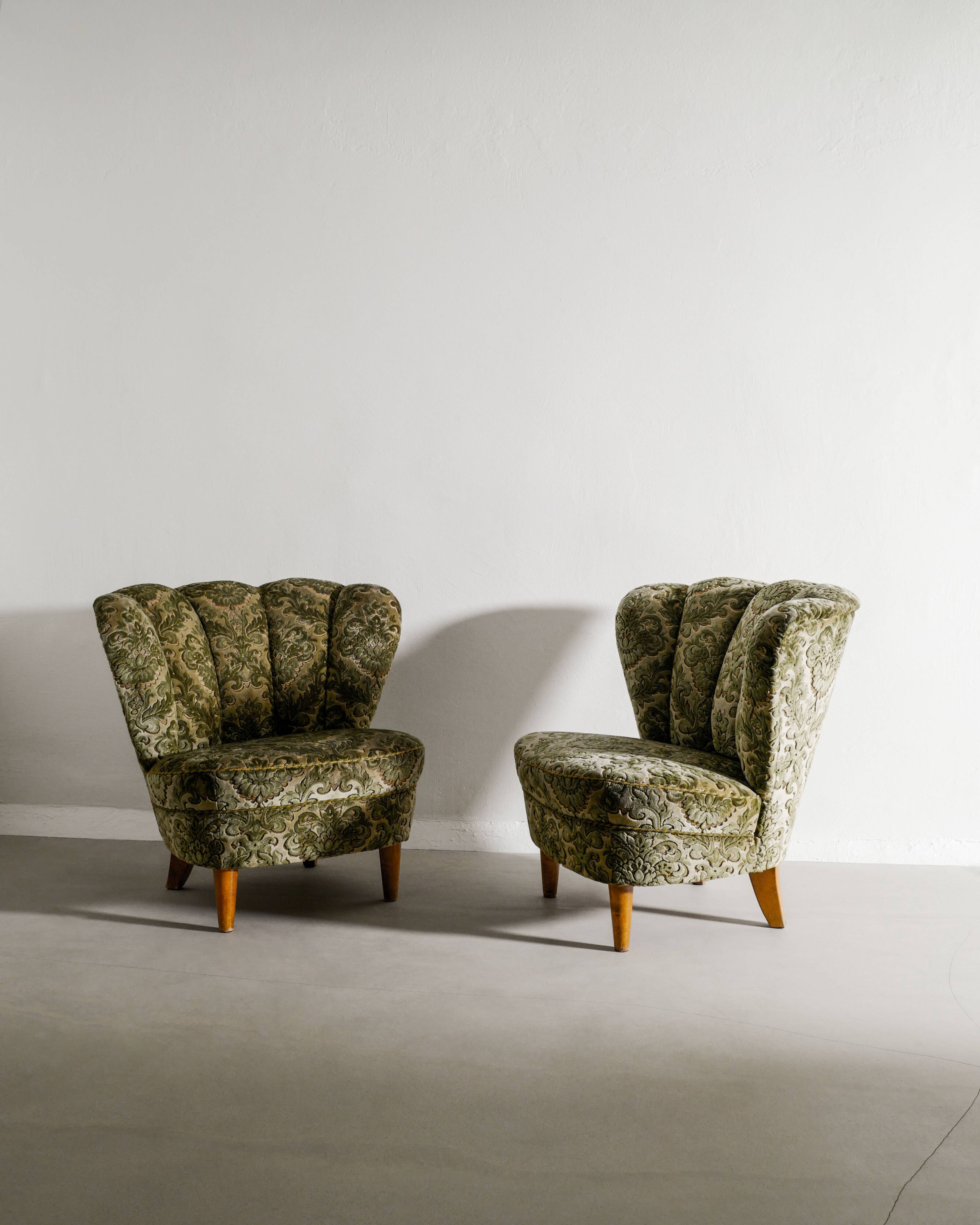 Vintage Swedish Modern Green Floweral Armchairs, 1940s