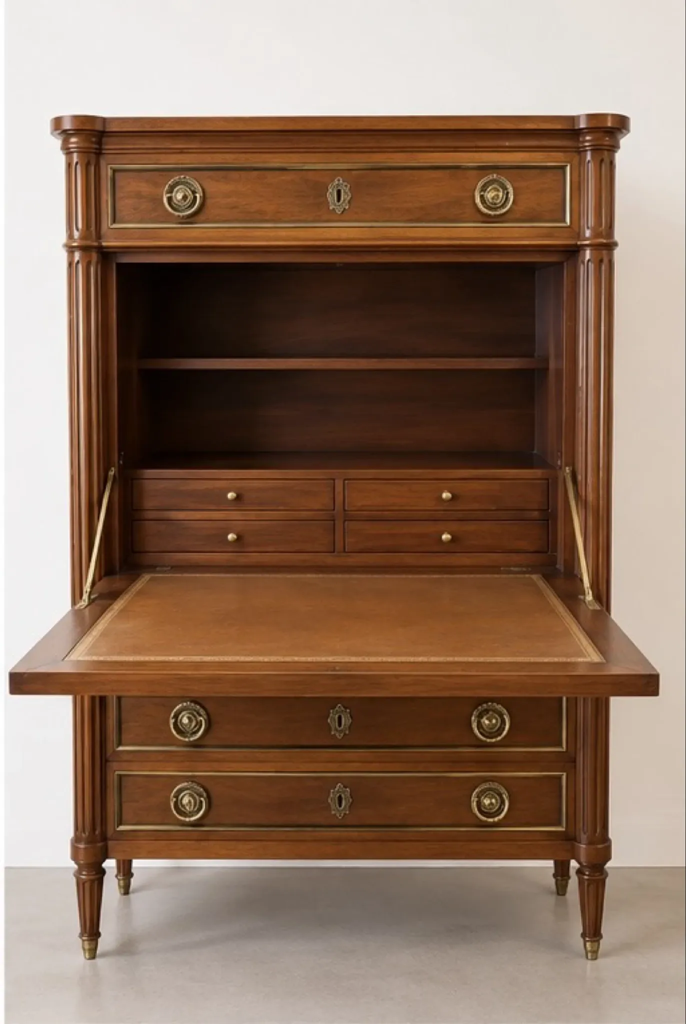 Secretary with drop-leaf in Louis XVI style – Wood, gilded brass and columns