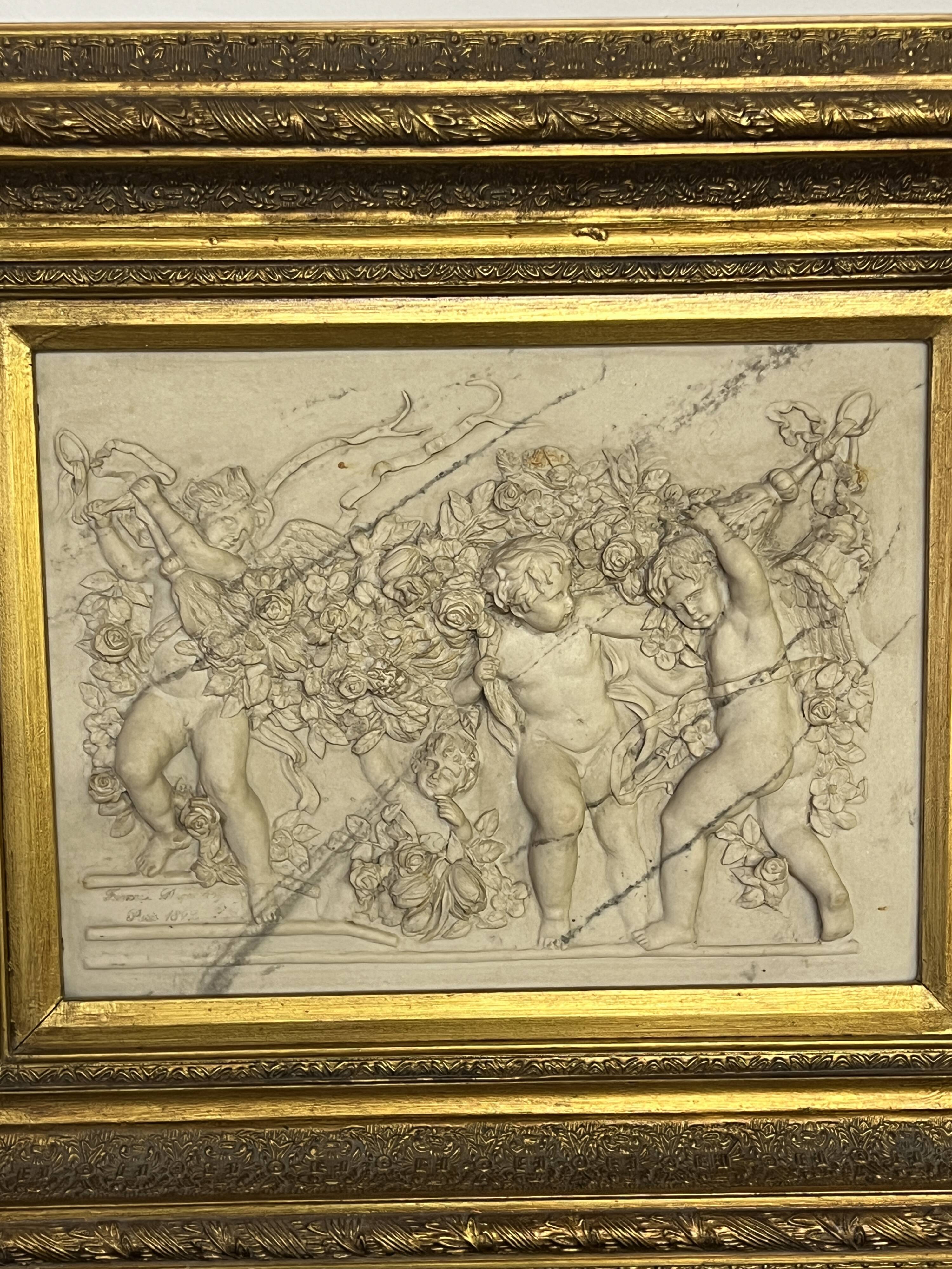 Marble high relief by François Duquesnoy "Putti, garlands and flowers" Paris, 1892