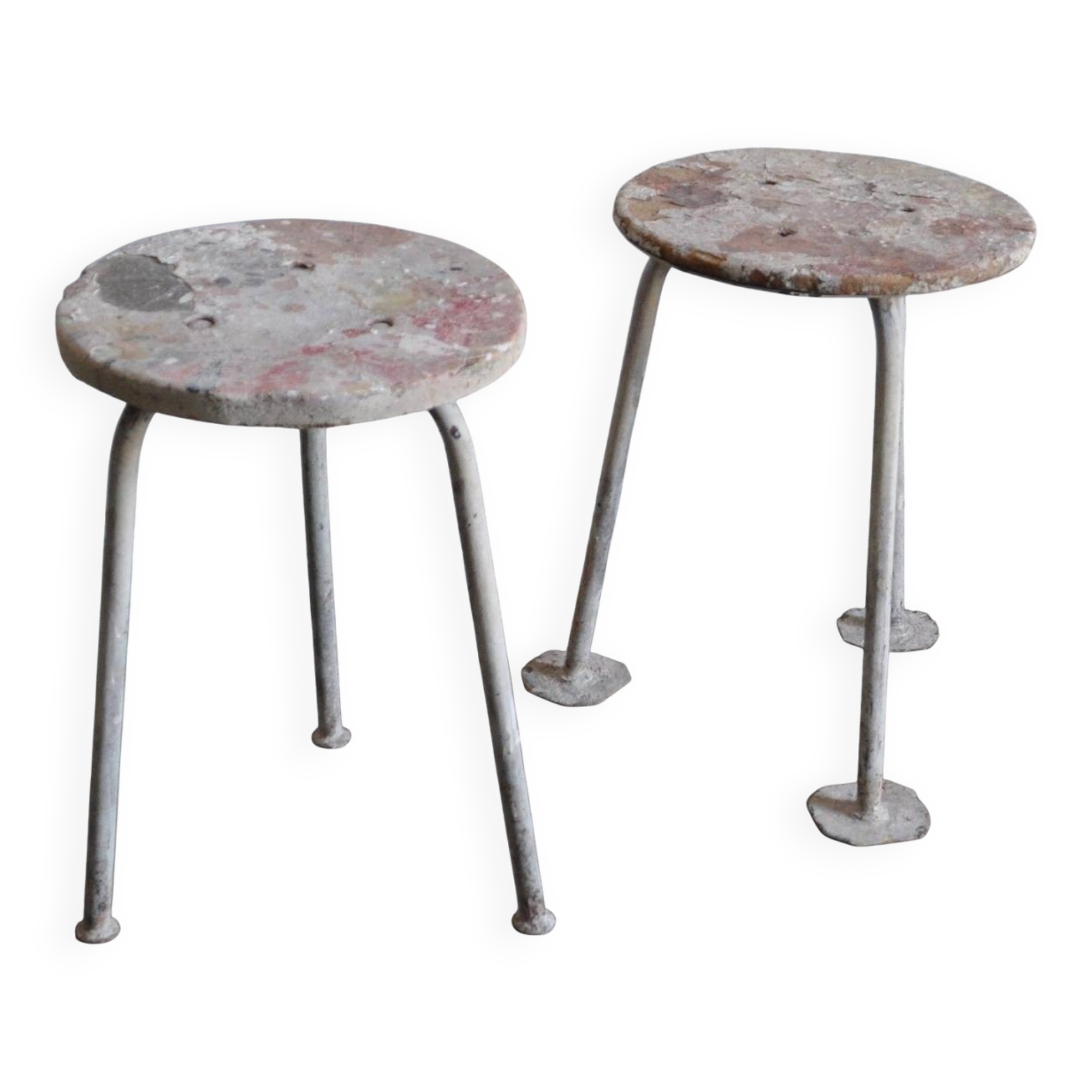Set of 2 grey workshop stools in wood and metal, 1970s, industrial style.