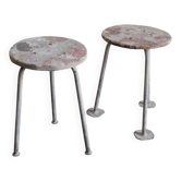 Set of 2 grey workshop stools in wood and metal, 1970s, industrial style.