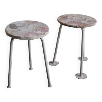 Set of 2 grey workshop stools in wood and metal, 1970s, industrial style.