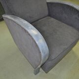 Art Deco grey armchair in fabric and silver-painted wood with brass studs, 1930s