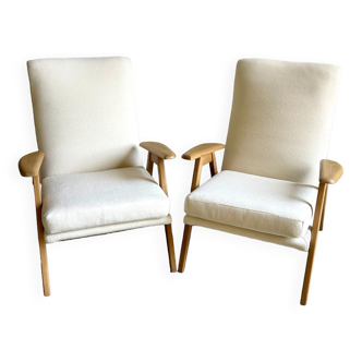Fauteuil vintage scandinave bois et tissu bouclette