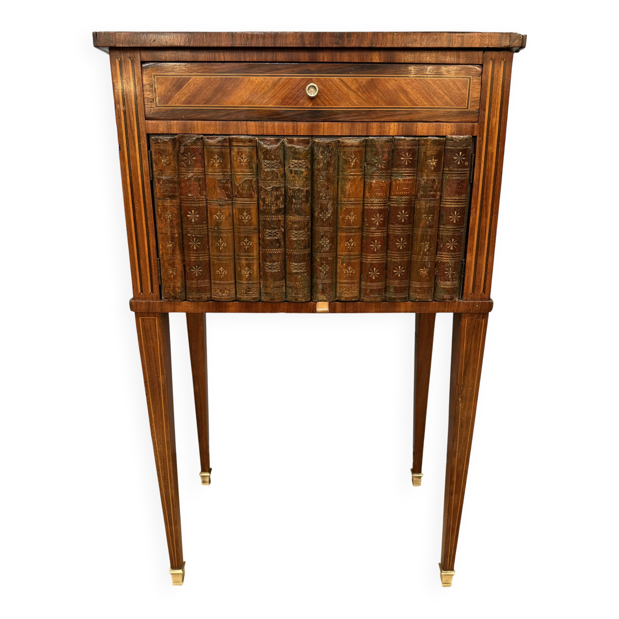 Side table with a faux book front.